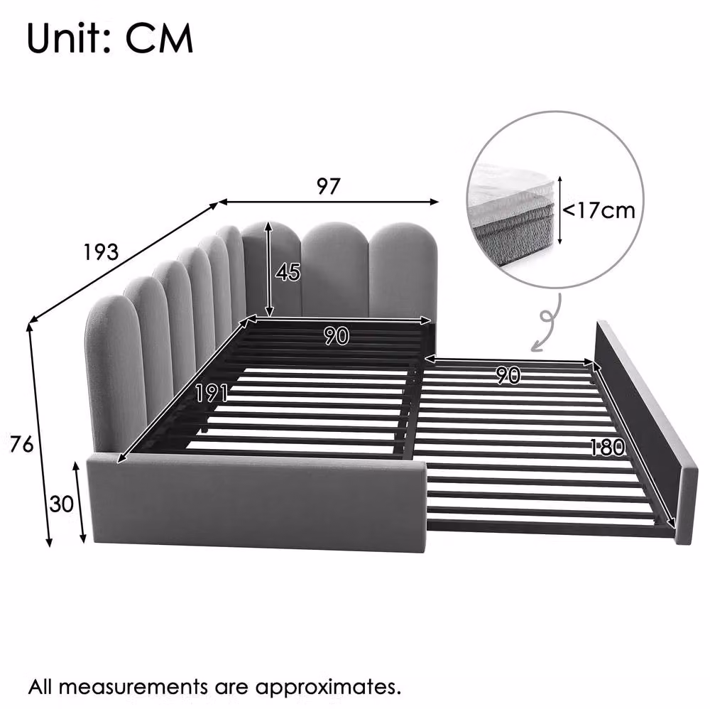 STILVORA Grey Velvet Single Day Bed with Pull-Out Bed and Drawers, W/D/H: 200 x 90 x 76 cm – 3