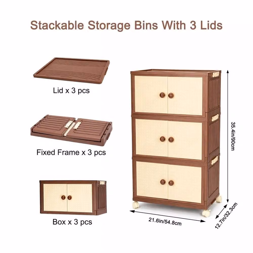 KORVIXA 3 Tier Large Foldable Storage Boxes with Hinged Doors, Brown, W/D/H: 100 x 100 x 100 cm – 2