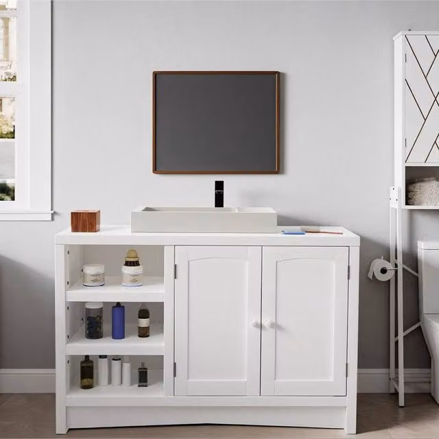 SPETLEK White Modern Freestanding Under Sink Bathroom Storage Cabinet with Hinged Doors and Internal Shelves