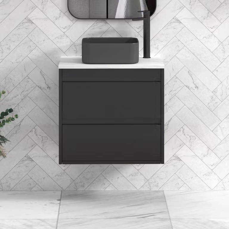 Royal Bathrooms Orion 600mm Matt Obsidian Black Wall Hung Vanity Unit with 2 Drawers and Art Square Basin