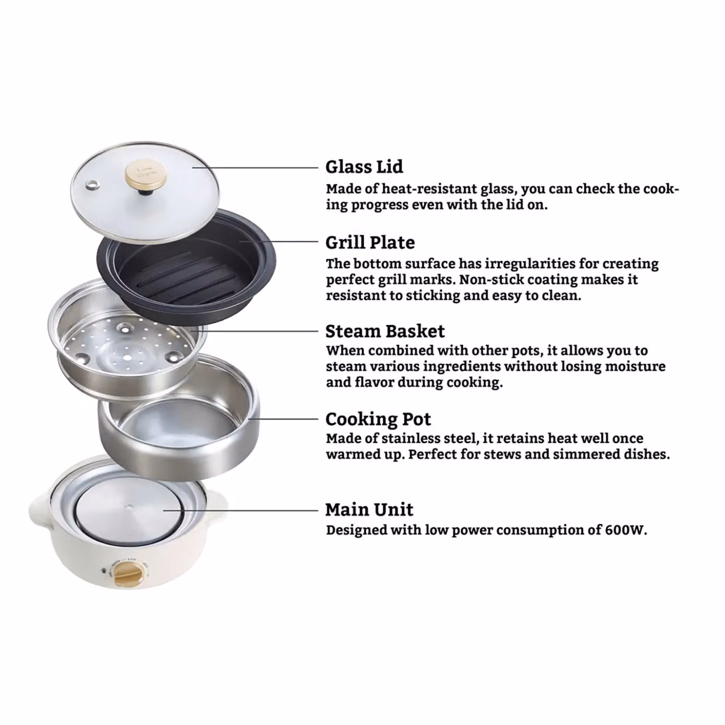 BRUNO Compact Multi Grill Pot in White with Removable Stainless Steel Plates – 2