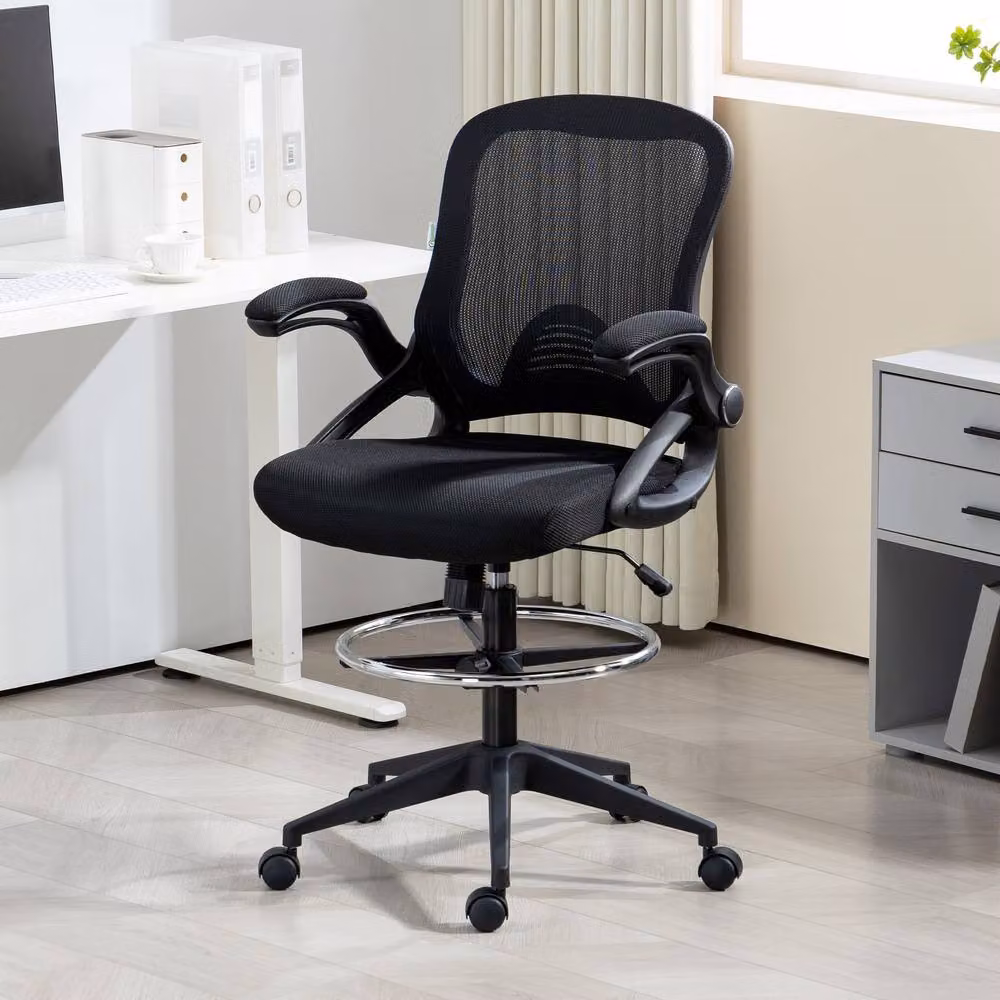 Rolipo Black Mesh Drafting Office Chair with Foot Ring and Flip-Up Armrests – 4