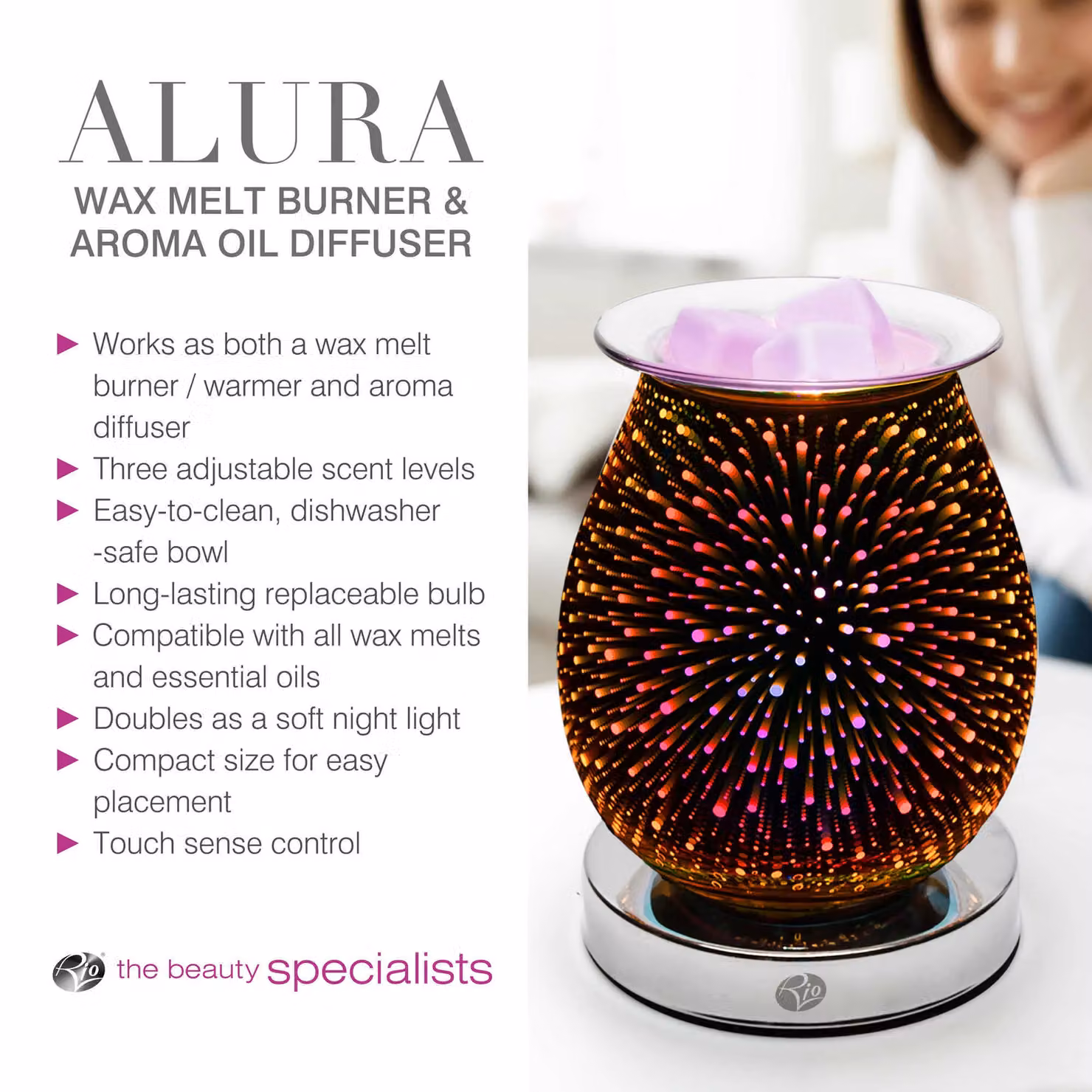 Rio Alura Electric Wax Melt Burner and Aroma Diffuser Lamp with 3D Firework Design in Silver, Purple, Yellow and Orange, W/D/H: 12.5 x 12.5 x 16.5 cm – 6