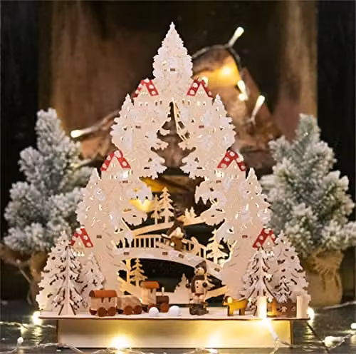 Netagon White Wooden Battery Powered Light Up Festive Tabletop Scene