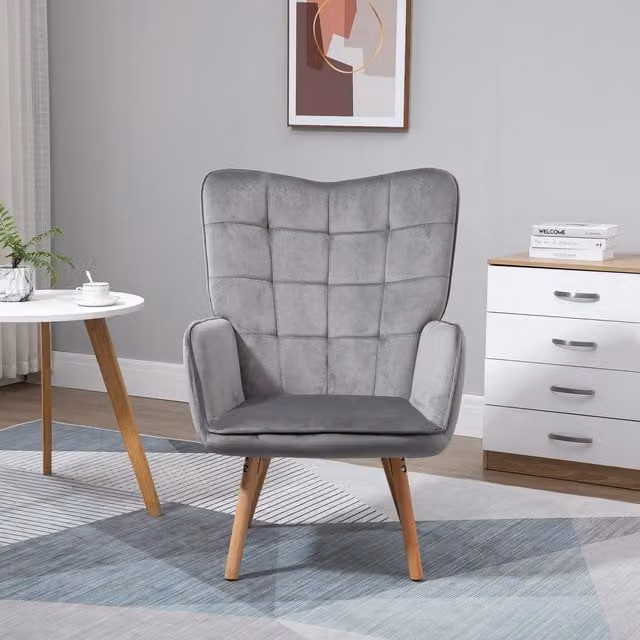 HOMCOM Modern Wingback Armchair in Grey Velvet-touch Polyester Fabric with Wood Legs