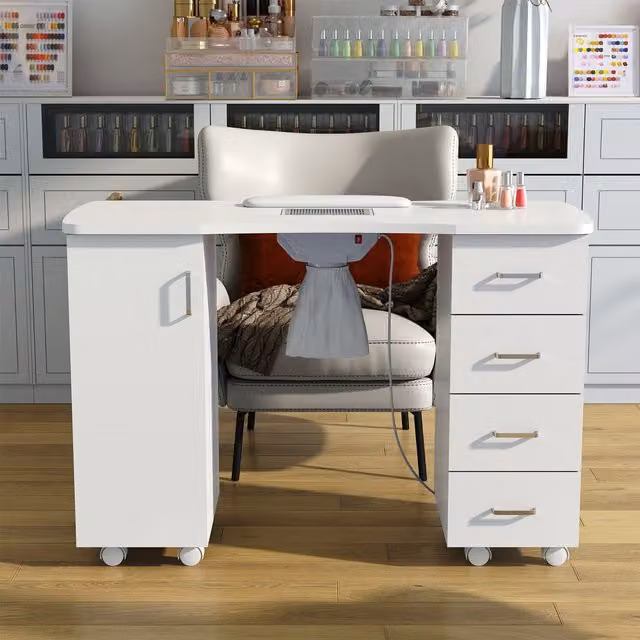 Livingandhome Modern White Rectangular Professional Nail Table with Castors