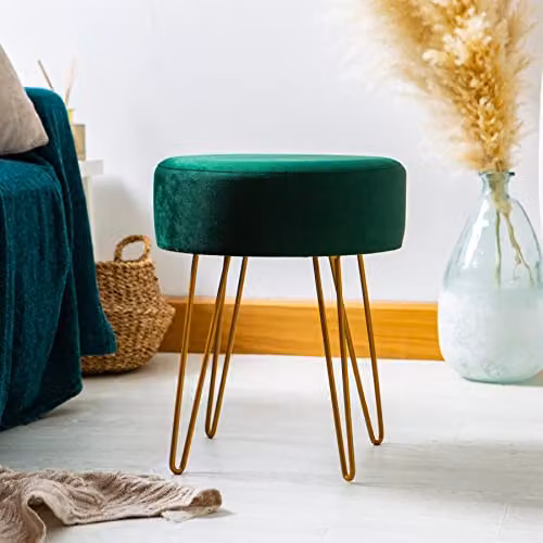 Harbour Housewares Pack of 2 Round Velvet Footstools in Green with Gold Legs, H41 x D35 cm – 3