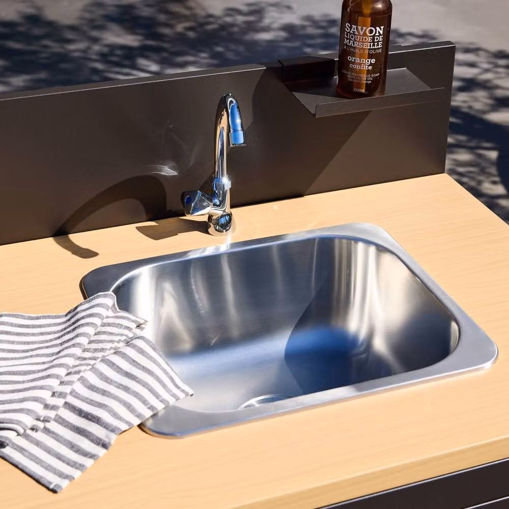 sweeek Outdoor Kitchen in Black with Steel and Wood Decor, 1 Sink, 2 Doors and 1 Hook, W: 80 cm, D: 60 cm, H: 110 cm – 5