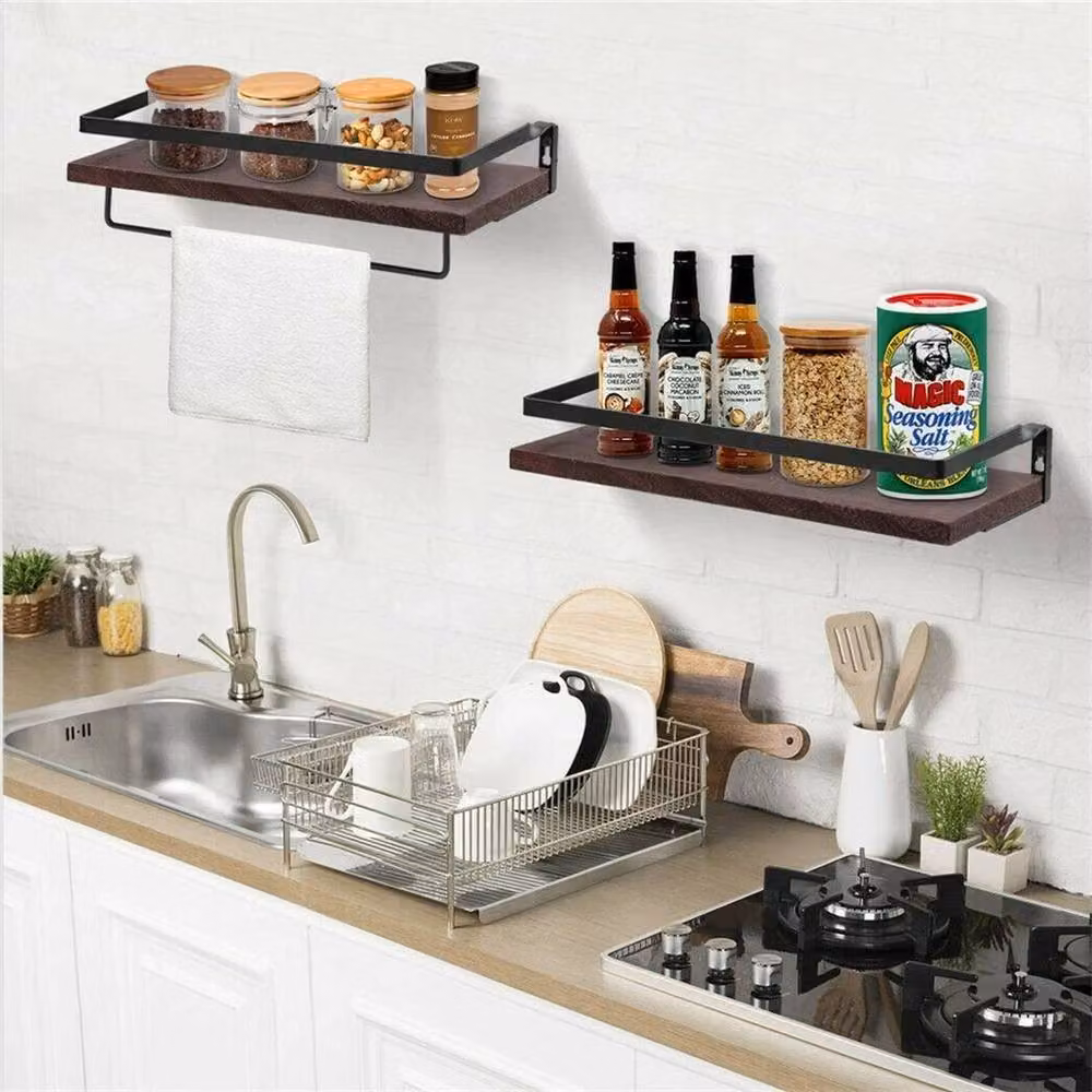 NESTLUNE Set of 2 Industrial Pine Wood Floating Shelves with Hanging Rod, Brown, W: 100 cm, D: 15 cm – 3