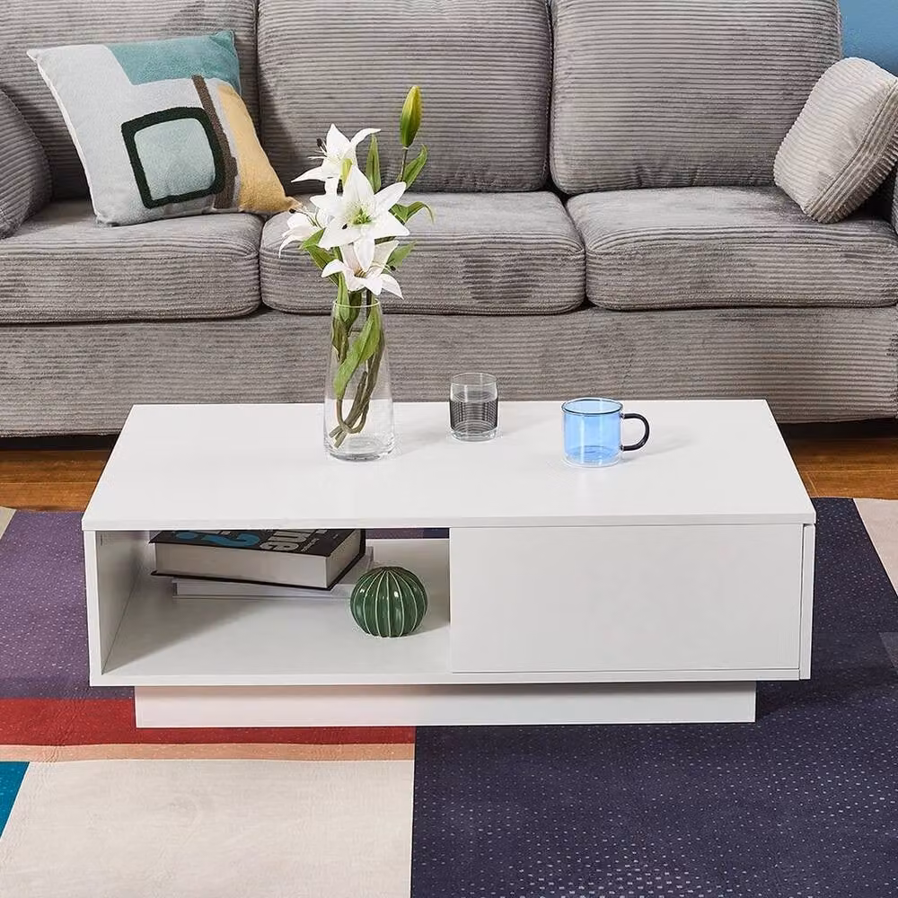 KORVIXA Modern Square Coffee Table in White with Storage Drawer and Shelf, W: 100 cm x D: 100 cm – 2