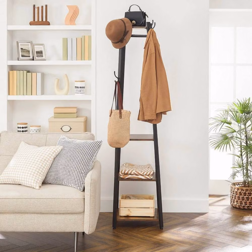 Kelvenix Rustic Brown Clothes Rail with 3 Tier Shelf – 4
