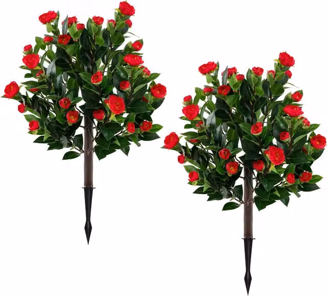 Set of 2 COSTWAY Artificial Camellia Trees in Green and Red