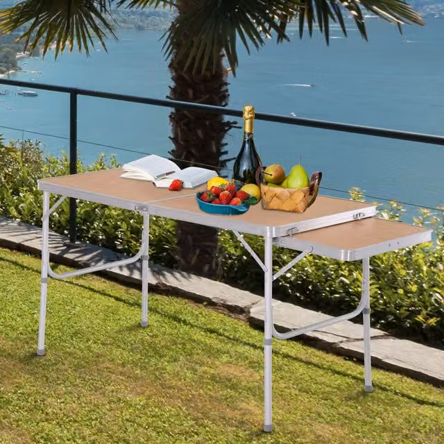 Outsunny Aluminium Portable Folding Picnic Table with Height-Adjustable Drop Leaf Top in Bamboo Colour