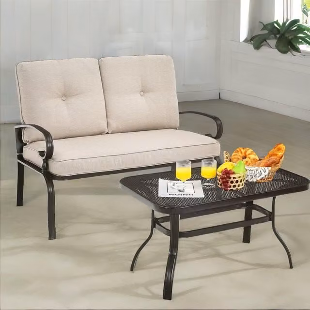 FURNOS 2 Seater Outdoor Bench with Padded Cushions and Table in Beige Steel – 1