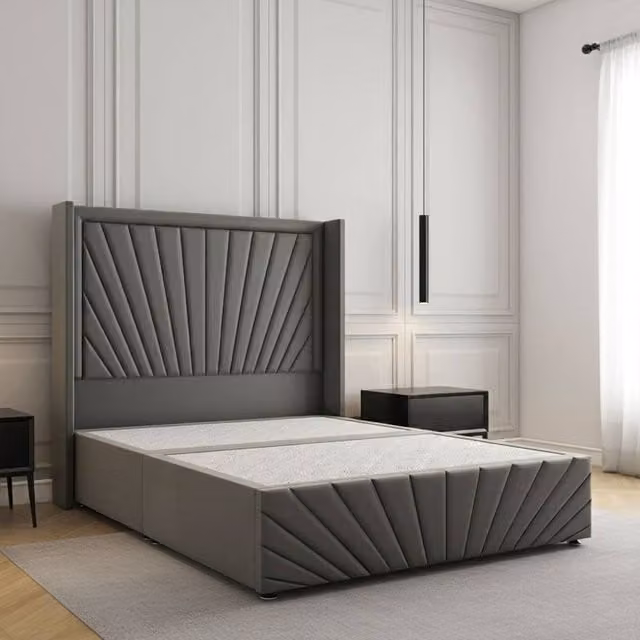 Regional Furnishings Grey Velvet Upholstered Divan Bed with 54 inch Headboard and Footboard, W/D/H: 180 x 200 cm