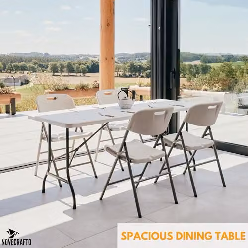 Novecrafto 6ft Rectangular Folding Table and 4 Folding Chairs Set in White with Powder Coated Steel Frames – 2