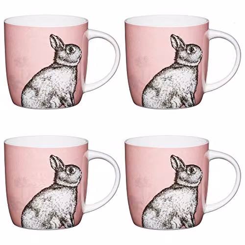 KitchenCraft Fine Bone China Rabbit Printed Mugs, 425 ml - Pink (Set of 4) – 1