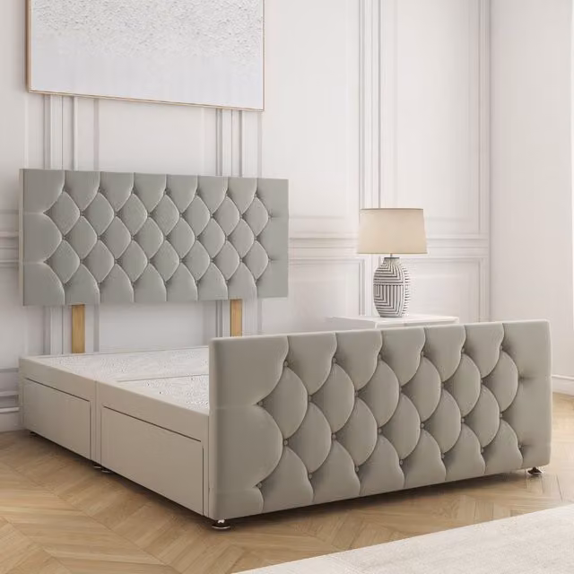 BSSPOKE Maya Velvet Super King Divan Bed with 24 inch Headboard and 2 Drawers in Silver, W/D/H: 200 x 200 x 30.48 cm