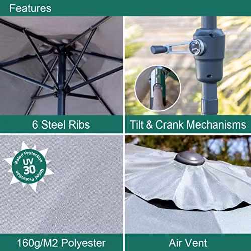 GardenKraft 2.7m Outdoor Garden Parasol with Tilt and Crank Mechanism in Grey Polyester and Steel – 2
