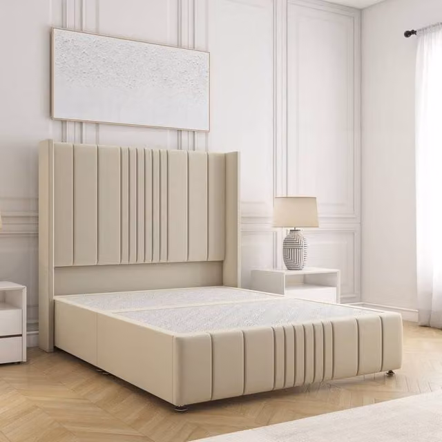 BSSPOKE Elise Divan Bed with 54 inch Headboard in Beige Plush Velvet, King Size, W/D/H: 180 x 200 cm