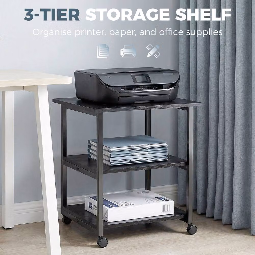 STILVORA 3-Tier Metal Printer Stand with Wheels in Black – 6