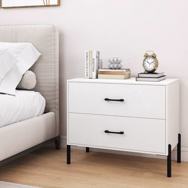 Gymax Modern 2-Drawer Wooden Nightstand with Metal Legs in White