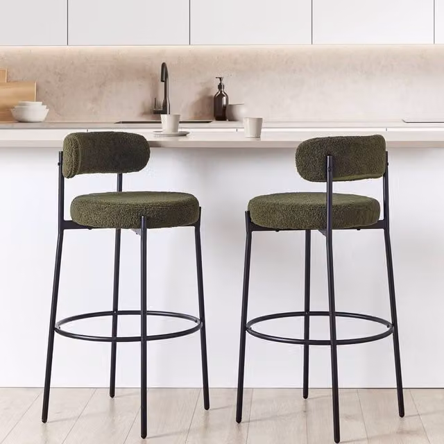 Wyld Haus Set of 2 Dark Green Boucle Armless Bar Stools with Matt Metal Legs