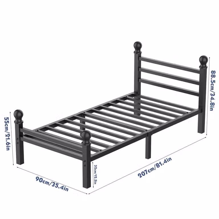 FORGEVIO Heavy Duty Metal Single Bed Frame in Black, W/D/H: 90 x 190 cm