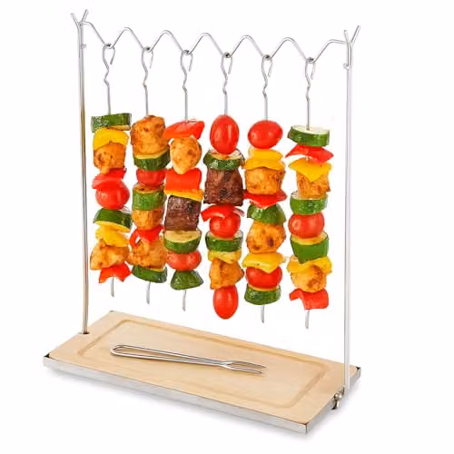Tower Outdoor Living 6pc Hanging Skewers Set with Stand in Silver Stainless Steel and Wood