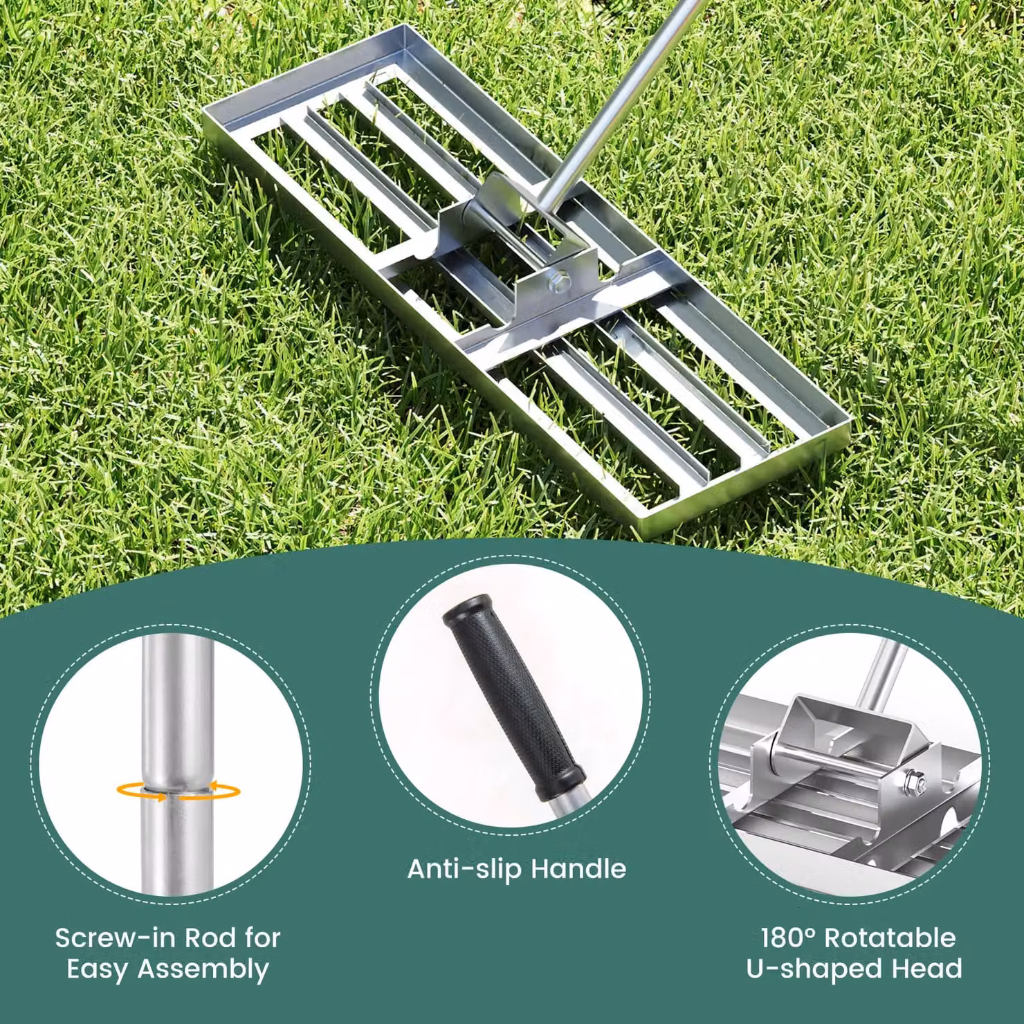 Gymax Heavy Duty Lawn Leveling Rake in Silver, W: 75 cm – 6