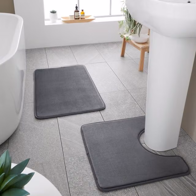 Catherine Lansfield Antibacterial Memory Foam Bath Mat and Pedestal Mat Set, Grey