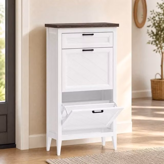 STILVORA White Lacquered Shoe Cabinet with 2 Tilting Compartments and Internal Shelves