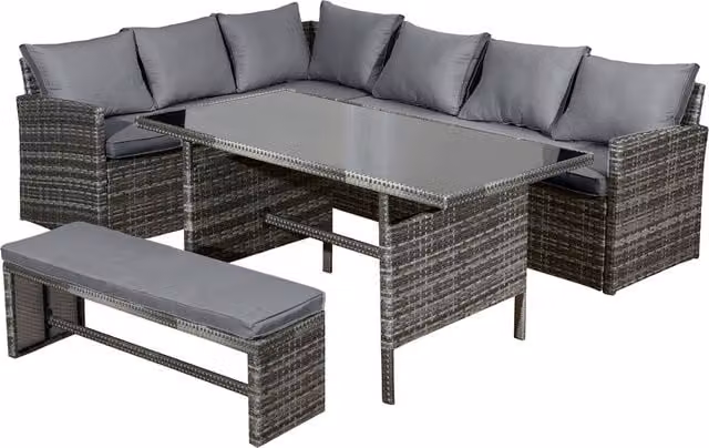 Oseasons Fiji 8 Seat Rattan Corner Dining Set with Glass Table in Grey and Black