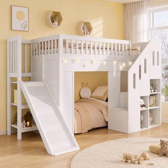 STILVORA White Single Elevated Bed Frame with Storage Stairs and Side Compartments, W/D/H: 90 x 190 cm – 1