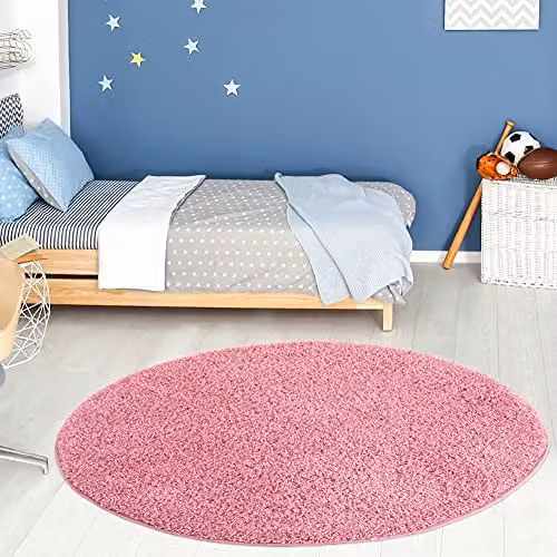 THE RUGS Pink Plain Shaggy Round Rug, Diameter: 120 cm