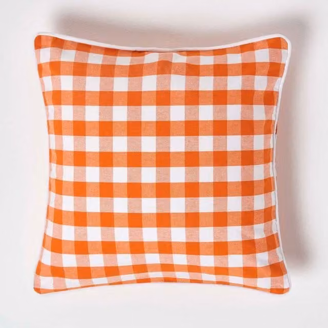 Homescapes Orange Checked Cotton Gingham Square Cushion Cover, W/D/H: 45 x 45 x 1 cm