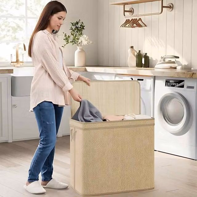 The Bazaarist 3 Compartment Bamboo Laundry Hamper with Lid and Removable Bags in Beige and Brown