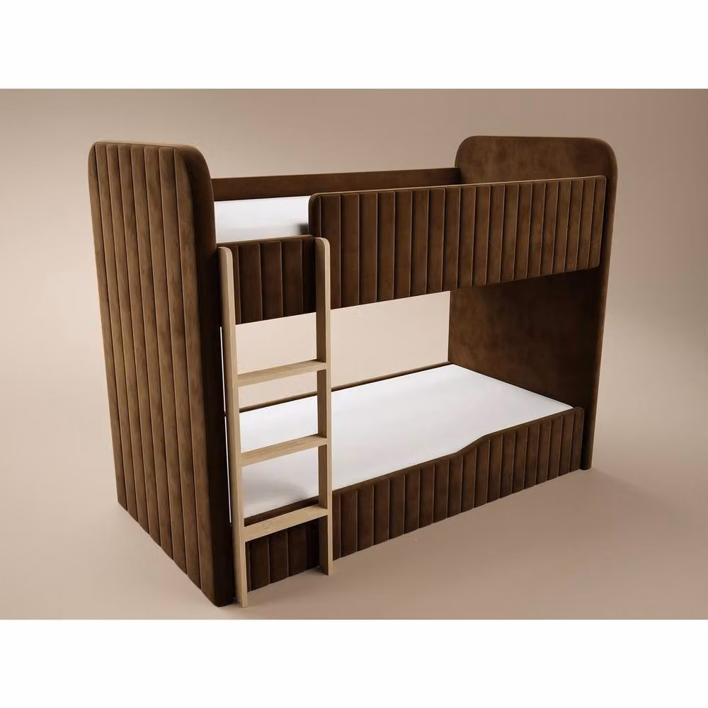 Flair Venna Single Upholstered Bunk Bed in Brown Velvet with Wooden Ladder, H 206 x W 100 x D 155 cm – 3