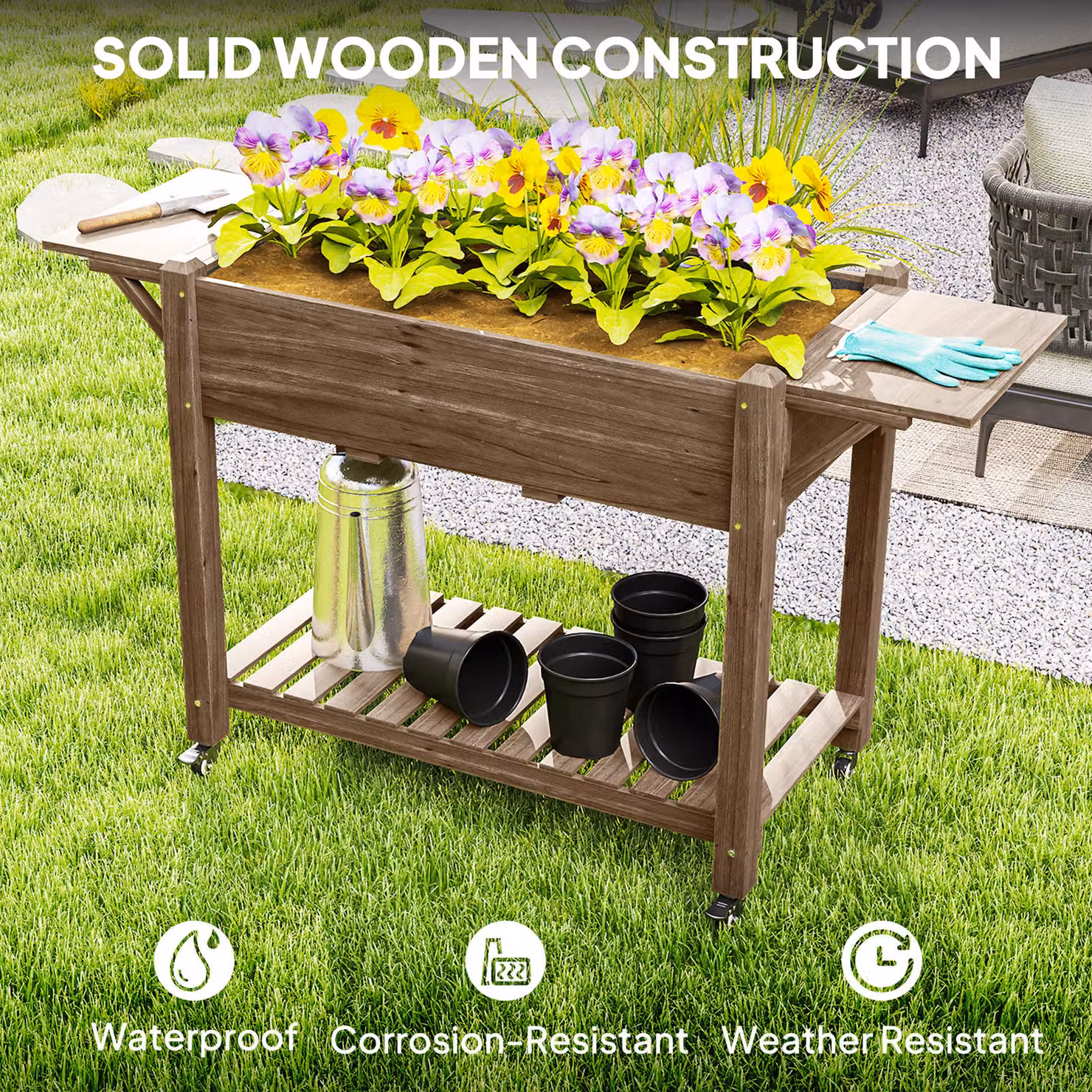 Outsunny Brown Carbonised Wooden Raised Garden Bed with Lockable Wheels, Side Tables and Bottom Shelf, W/D/H: 145 x 86 x 46 cm – 8