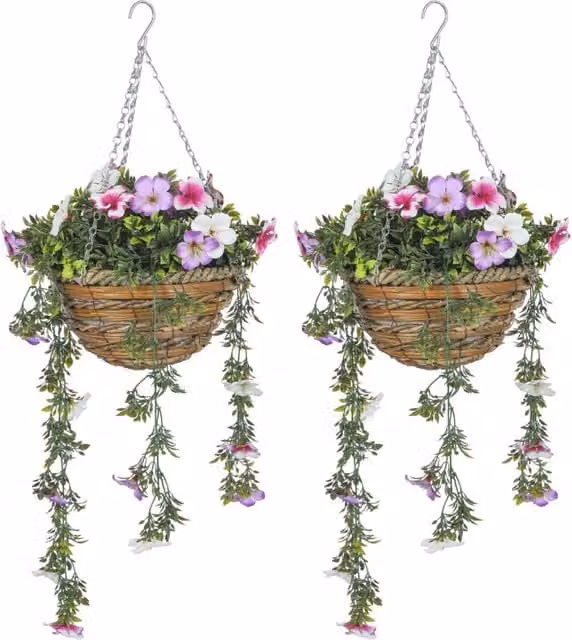 Dyzi Set of Two Round Hanging Azalea Baskets in Purple and Pink