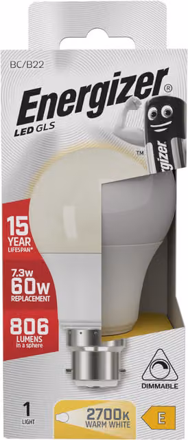 Energizer LED GLS B22 Dimmable Globe Light Bulb, 806lm, Warm White
