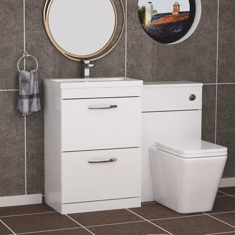 Royal Bathrooms Gloss White 2 Drawer Furniture Pack with Mid Edge Basin and Slim Elena Back to Wall Toilet, Width: 110 cm