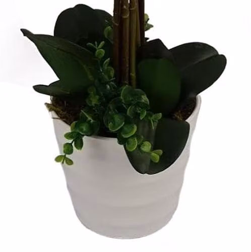 Leaf Design UK White Artificial Deluxe Orchid with Green Leaves in a White Pot, Height: 85 cm – 3