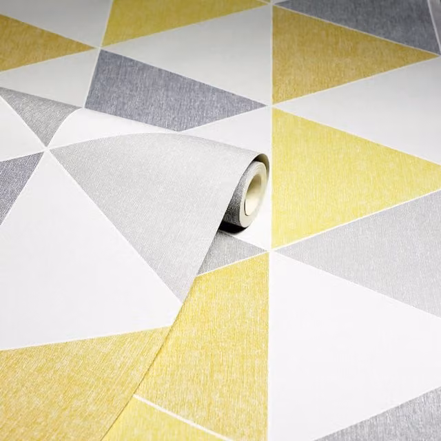 Arthouse Retro Geometric Scandi Triangle Linen Effect Wallpaper in Yellow, Grey and Silver