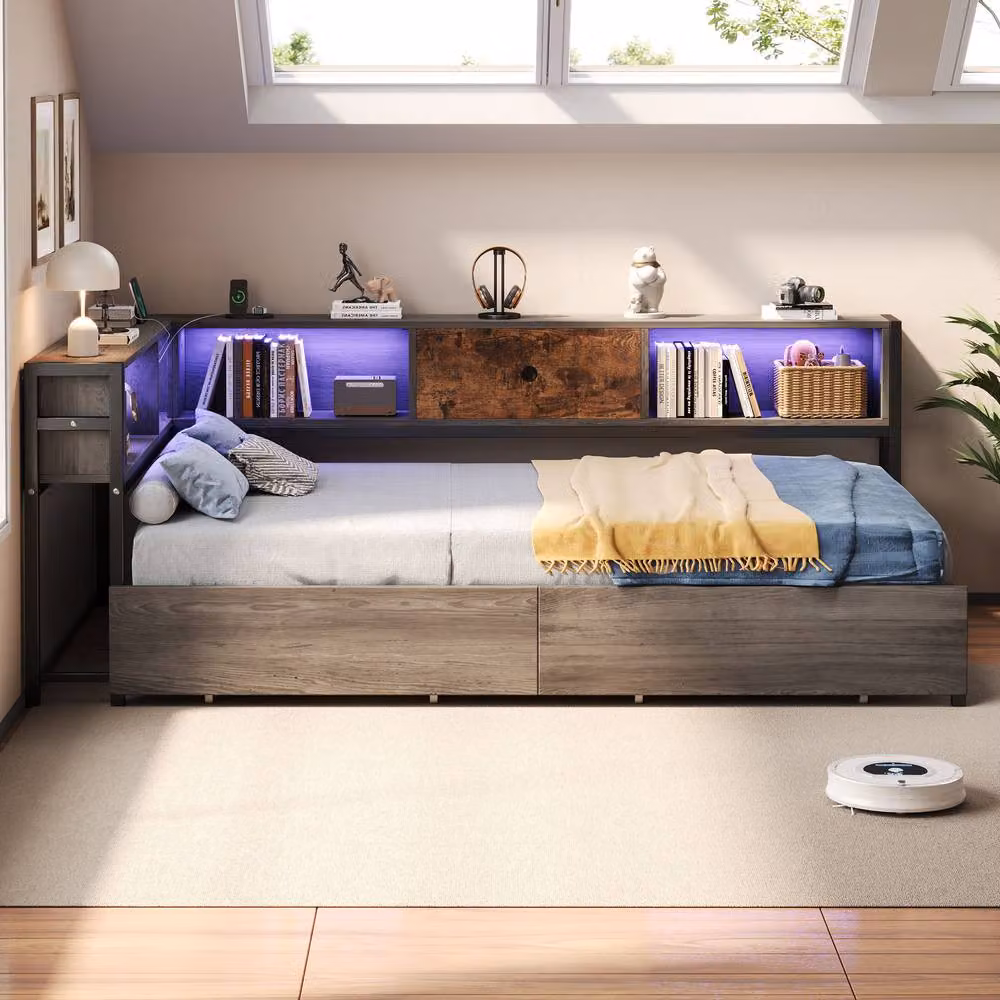 Matteo Single Bed Frame with USB Charging Port, Under-Bed Lighting and Storage Drawers in Rustic Brown and Grey – 3