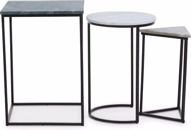 Orsina Set of 3 Marble Top Side Tables with Black Powder Coated Metal Frames in Square, Circle and Triangle Shapes