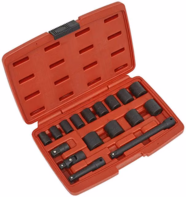 Loops 17 Piece Premium Impact Socket Set, 3/8 inch Sq Drive, Chrome Vanadium Steel, Black and Multicolour