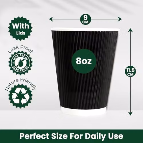 ECONX 50 x 8oz Black Ripple Triple Wall Disposable Paper Coffee Cups with White Sip Through Lids – 2
