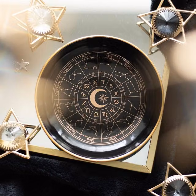 Kingsbury Gifts Round Ceramic Astrology Wheel Trinket Dish in Black and Gold