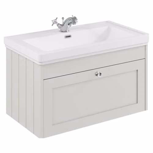 Balterley Wall Hung Single Drawer Vanity Unit with Rectangular Basin and Tap Hole, White, W/D/H: 80.0 x 45.3 x 43.1 cm
